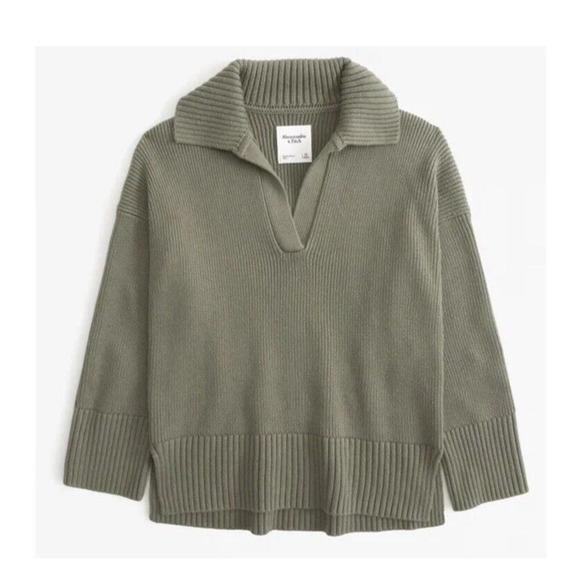 Abercrombie & Fitch Sweaters - Abercrombie Fitch Women Notch Neck Sweater Sz Lg Split Roll up Cuff Olive Green